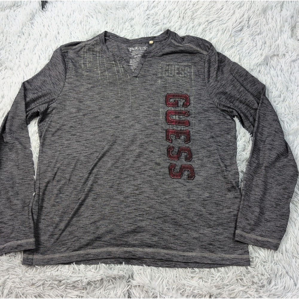 Guess Shirt Mens XL Gray Logo Athletic V Neck Comfort Soft Long Sleeve Tee